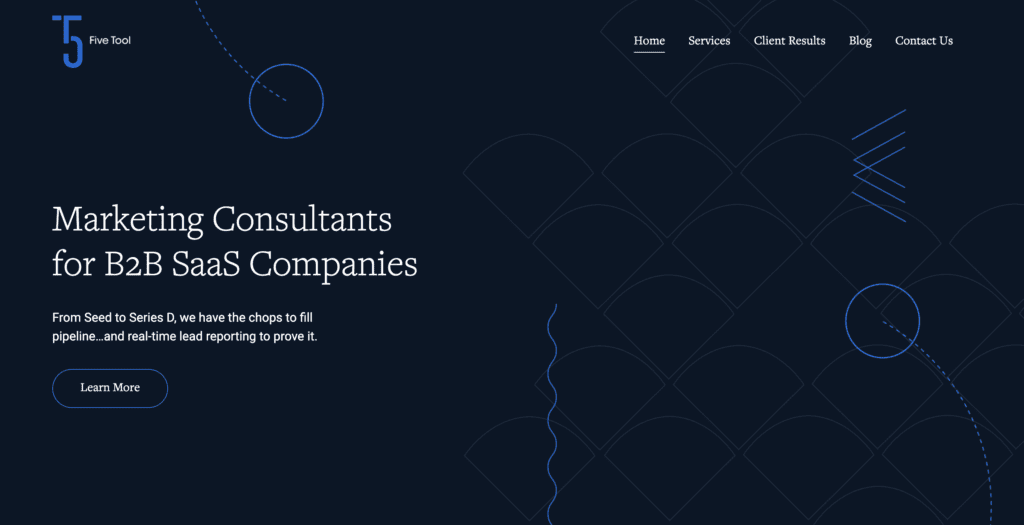 Screenshot of Five Tool's homepage hero with title, "Marketing Consultants for B2B SaaS Companies"