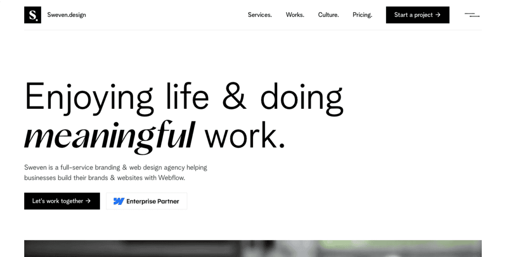 Screenshot of Sweven Design's Hero on website homepage.